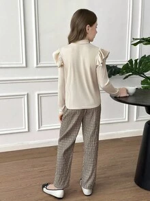 SHEIN Tween Girl 3 PiecesElegant Set: Ruffle Trim T-Shirt, Plaid Print Pants, And Hat - Khaki - View 2