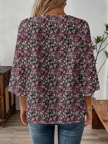 EMERY ROSE 休闲花卉图案 V 领 3/4 袖女式工作衬衫，春秋季 - 彩色 - 查看 2