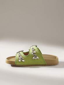 Solecia New Women's Green Woven Rhinestone Flat Casual Sandals - Green - View 4