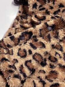 冬季少女可爱复古豹纹仿口袋毛绒外套搭配柔软罗纹喇叭裤套装 - 巧克力棕 - 查看 6