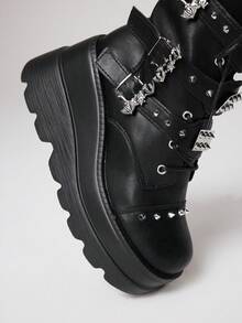 ROMWE Grunge Punk 2026新款厚底朋克风黑色PU皮靴，女士修身哥特踝靴，适合秋冬季、圣诞节、Y2K风格穿搭 - 黑色 - 查看 3