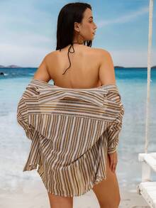 Swim Vcay Women's Summer Vacation Beach Striped Front Button Dropped Shoulder Shirt And Shorts Coverup Set - Multicolor - View 3