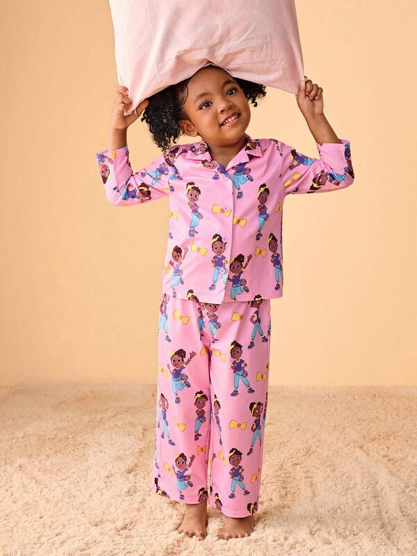 Blippi X SHEIN Young Girl Cartoon Meekah Character Allover Print Top & Pants Autumn/Winter Pajama Set
