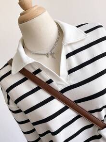 Sweetra Young Sudadera casual holgada de manga larga y hombros caídos a rayas para niña preadolescente, otoño - Blanco y Negro - Ver 4