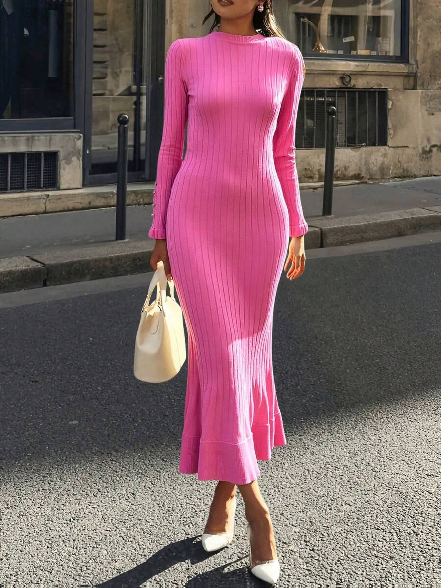 EURMUSE Casual Solid Color Rib Knit Maxi Maxi Button Detailed Cuffs Ruffle Hem Knit Dress For Women