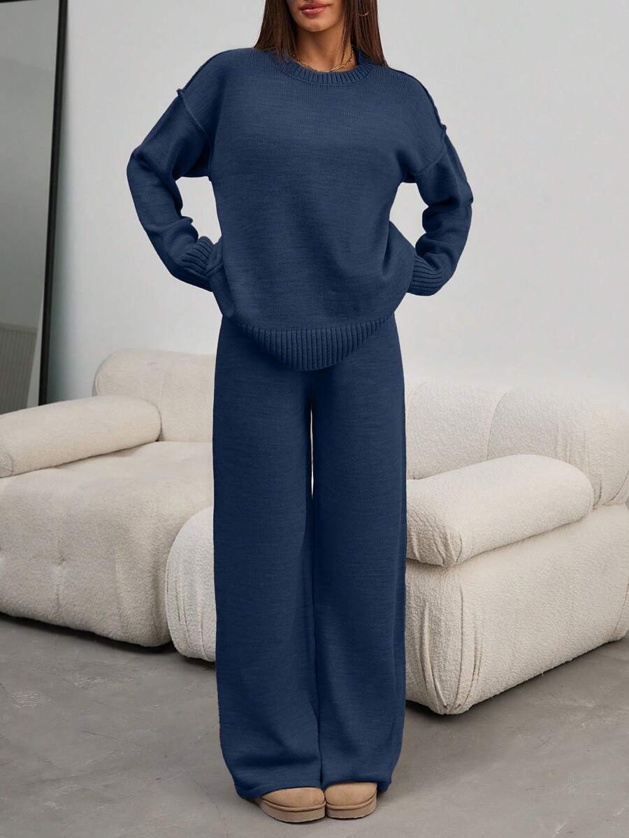 EURMUSE 女士圆领罗纹针织毛衣和毛衣裤两件套 - 藍色 - 查看 1