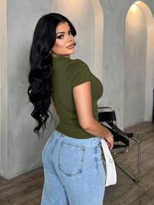 SHEIN SXY 女式性感优雅简约不对称单肩露肩上衣，夏季休闲百搭衬衫 - 軍綠色 - 查看 2