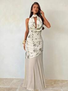 Aloruh 女士派对连衣裙、约会连衣裙、下午茶连衣裙、米色荷叶边领结连衣裙、亮片连衣裙、超长连衣裙 - 米色 - 查看 3