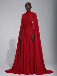 Elitara Elegant Luxurious Dark Coffee Chiffon Handmade Metal Butterfly Decor Stand Collar Flare Sleeve Sexy Open Back Women's Formal Evening Gown - Red - View 5