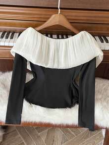 SHEIN Women's Elegant Color Block Bow Decor Long Sleeve Top, Autumn, Christmas - Black and White - View 2