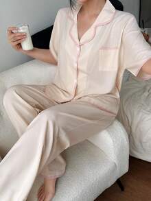 SHEIN 撞色翻领休闲宽松短袖睡衣套装 - 米色 - 查看 5