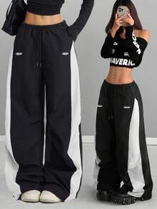 SHEIN PETITE CURVE 大码女式夏季演唱会街头服饰外出拼色降落伞裤