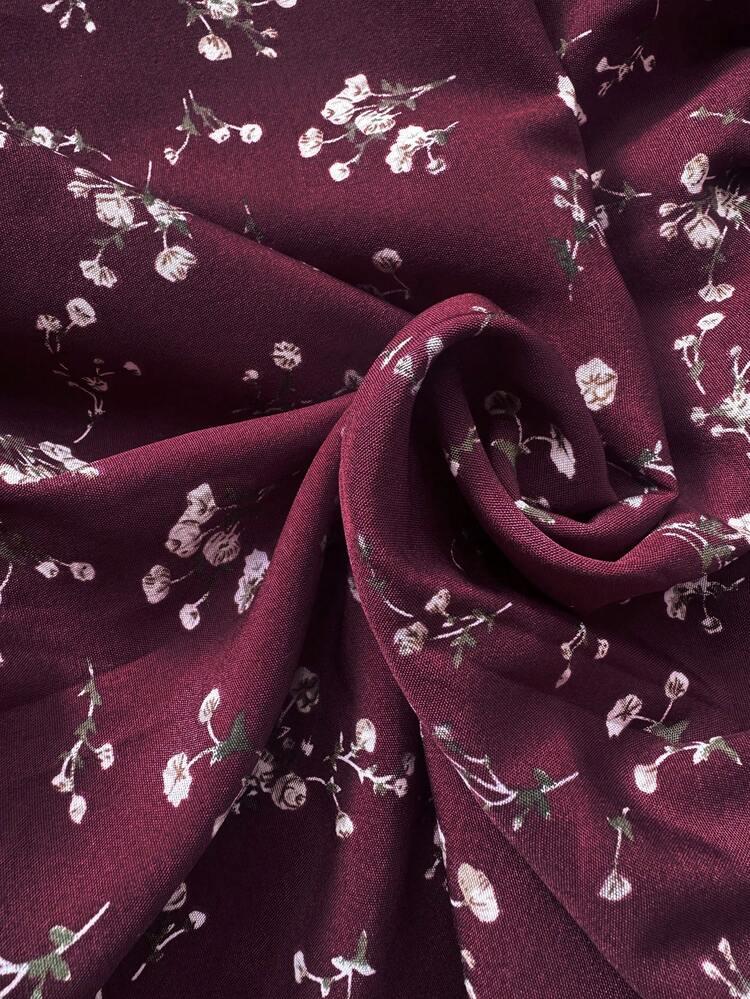 Vestido Longo Casual Versátil de Manga Longa com Decote em V e Estampa Floral para Mulheres - Vinho - Visão 7