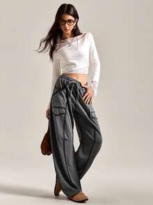 Easelle Women's Casual Dark Gray Sweatpants, Sweatpants Fried Snowflakes, Bloomers Washed Blue, 2025 Autumn And Winter All-Match Outdoor Wear - Dark Grey - View 8