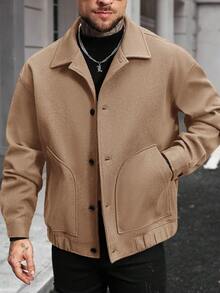 Manfinity Homme 男士时尚休闲单排扣大衣，秋冬季 - 卡其色 - 查看 3