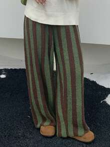 Dazy Plus 大码女式休闲粗条纹拼接松紧腰睡裤、家居服 - 墨綠色 - 查看 8