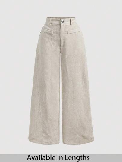 SHEIN PETITE CURVE Plus Size Women's Solid Color Vintage Simple Daily Corduroy Rib Pants,Khaki Women Pants,Wide Leg Women Pants Corduroy Wide Leg Pants Wide Leg Jeans Woman Wide Leg Pants Cream Wide Leg Pants Pants Wide Leg