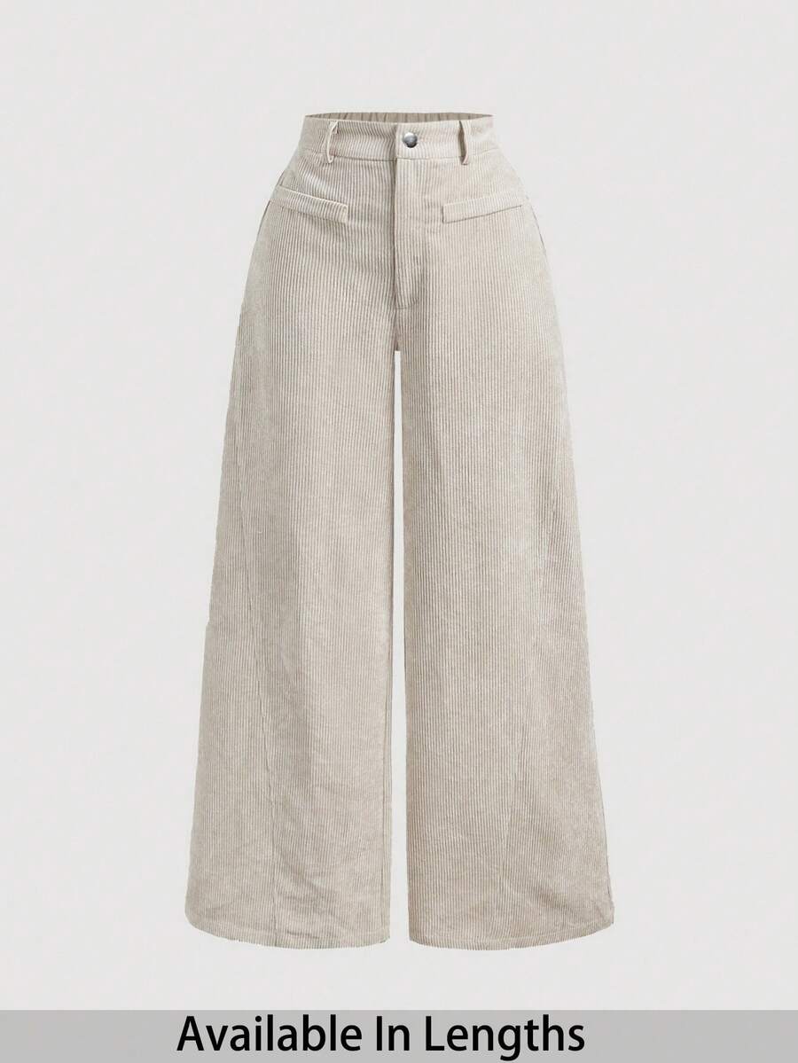 SHEIN PETITE CURVE Plus Size Women's Solid Color Vintage Simple Daily Corduroy Rib Pants,Khaki Women Pants,Wide Leg Women Pants Corduroy Wide Leg Pants Wide Leg Jeans Woman Wide Leg Pants Cream Wide Leg Pants Pants Wide Leg - Apricot - View 1