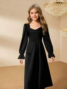Tween Girl Elegant Minimalist Vintage Square Neck Regular-Shoulder Long Sleeve High Waist Maxi Solid Color Dress, Tween Girl Black Dress, Fashionable Dress For Autumn, All Season School Dress