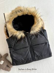 Cozy Pixies 男婴黑色保暖连帽拉链连体衣，带毛领，适合冬季穿着 - 黑色 - 查看 7