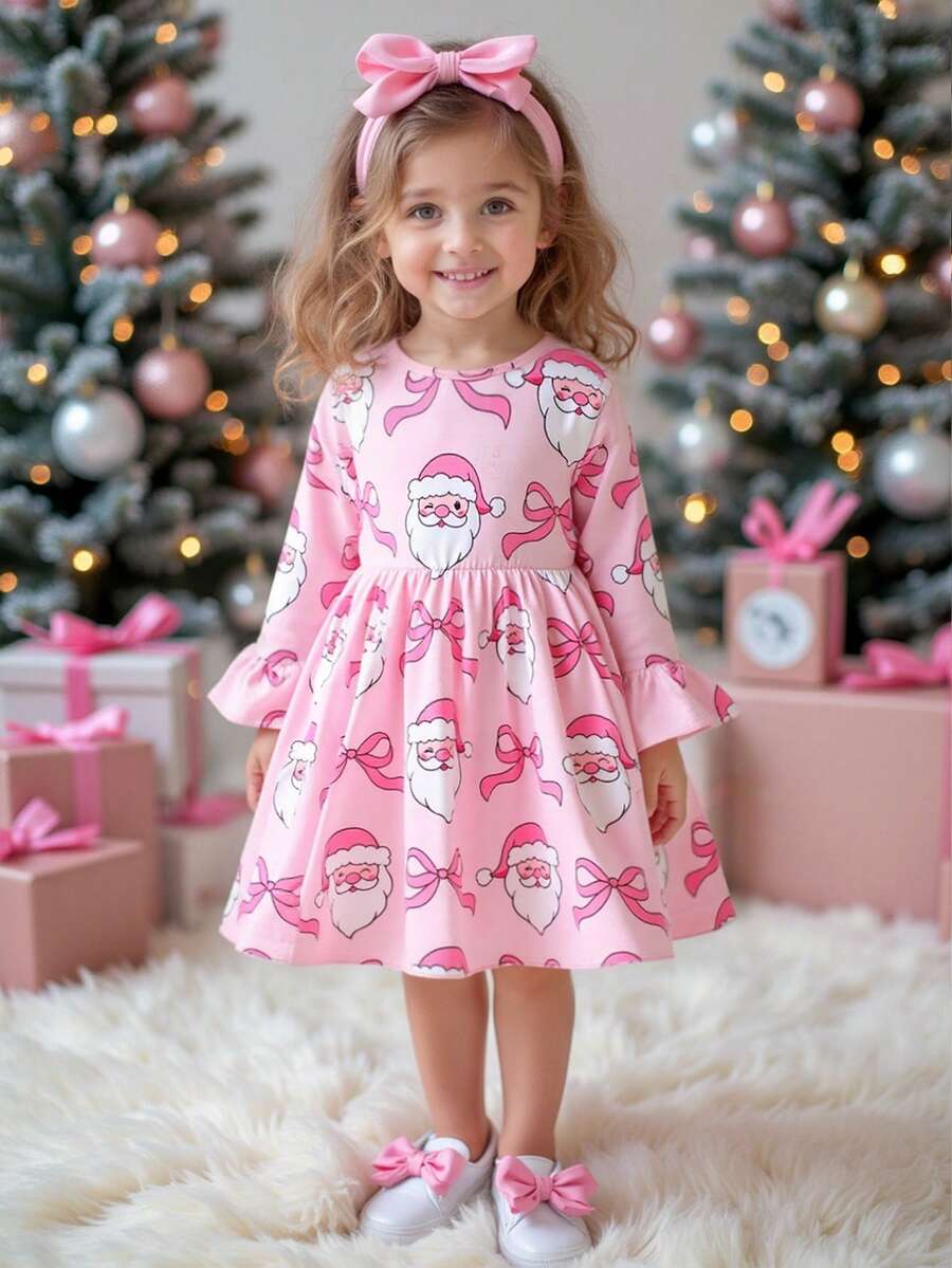 SHEIN Playful Pals Kleine Mädchen Weihnachts-Weihnachtsmann Muster Langarm Lässig Kleid, geeignet für Zuhause, Ausflüge, Partys und Feiertage, Herbst - Verschiedenfarbig - Übersicht 1