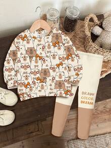 SHEIN Happikins 2pcs/Set Young Girl Casual Cute All-Over Print Drop Shoulder Loose Crew Neck Long Sleeve Sweatshirt And Contrast Color Leggings, Autumn/Winter