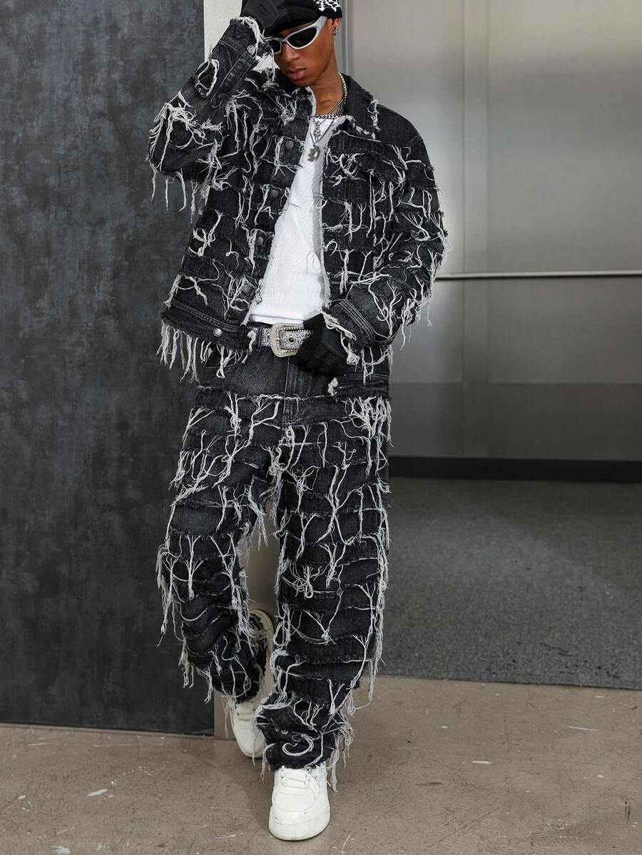 PAVTROS American Style Patch & Fringe Denim Set Fringe Pants Men Black And White Pants, Fall Clothes OVERSIZE Frayed Black Street Rave Couple For GenZ - Blue - View 1