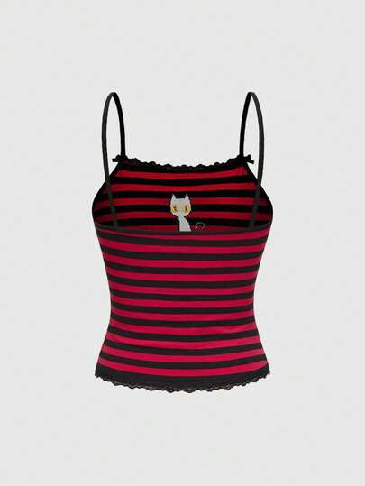 Hippie Débardeur ajusté avec dentelle, style gothique, motif chat noir et rayures, convient pour l'été et Halloween