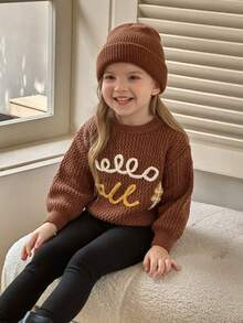 SHEIN Sweater Anak Perempuan dengan Bordir Bunga Buatan Tangan yang Lucu, Lembut, Hangat, Kasual, dan Serbaguna, Cocok untuk Pemakaian Sehari-hari - Coklat - View 7