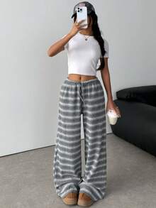 SHEIN Quần ống rộng dáng rộng in họa tiết sọc, có dây rút, túi bên hông, thoải mái khi đi làm hàng ngày cho bé gái tuổi teen - Xám - Xem 4