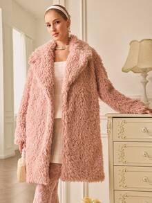 Revavyn Pink Faux Shearling Mid-Length Jacket, Crisp Collar, Soft Fluffy Texture, Suitable For Commuting, Dating, And Everyday Wear - Pink - View 2