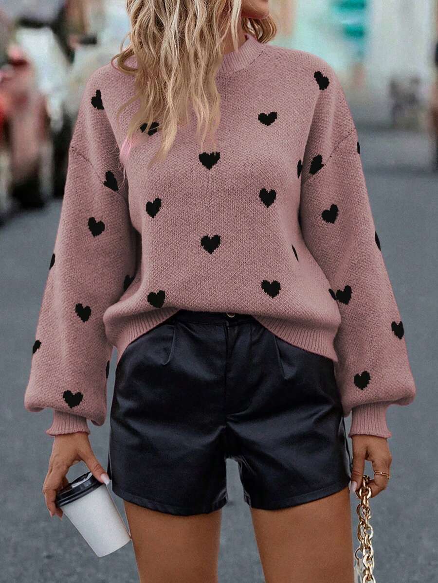 EMERY ROSE Casual Heart Pattern Drop Shoulder Loose Knit Sweater, Autumn/Winter - Coral Pink - View 1