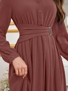 Modelyn 简约前扣系带领长袖端庄连衣裙长款晚礼服 - 粉色 - 查看 8