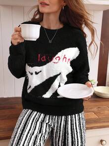 Louniche 时尚复古单肩女士秋冬睡衣套装，针织猫咪上衣和条纹针织裤 - 黑與白 - 查看 7