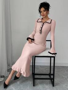 Elenzga Collared Color Block Trim Fitted Elegant Long Sleeve Sweater Dress - Pink - View 5
