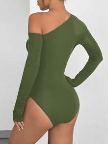 SHEIN EZwear 女款休閒純色不對稱領長袖修身綠色連身衣 - 軍綠色 - 查看 2