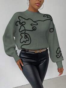 SHEIN LUNE Women's Applique Color Block Stand Collar Elegant Long Sleeve Pullover Sweater - Olive Green - View 5