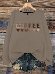 EMERY ROSE Plus Size Casual Heart & Letter Graphic Crew Neck Sweatshirt, Everyday Wear, Autumn Fall Winter - Mocha Brown - View 1