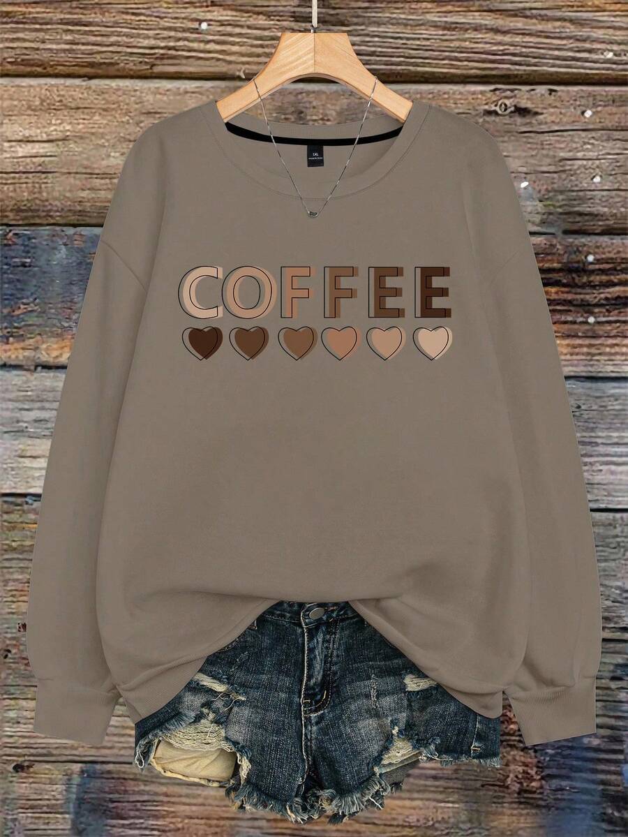 EMERY ROSE Plus Size Casual Heart & Letter Graphic Crew Neck Sweatshirt, Everyday Wear, Autumn Fall Winter - Mocha Brown - View 1