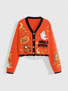 ROMWE Fairycore Halloween Pumpkin Colorblock Cardigan For Women