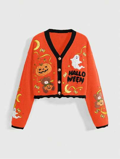 Fairycore Halloween Pumpkin Colorblock Cardigan For Women