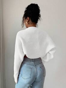 Islaluna 女式优雅纯色罗纹针织短款开衫，秋季 - 米色 - 查看 2