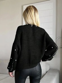 SHEIN Tall 圓領羅紋珍珠針織套衫，休閒日常穿著，適合高個女性 - 黑色 - 查看 2