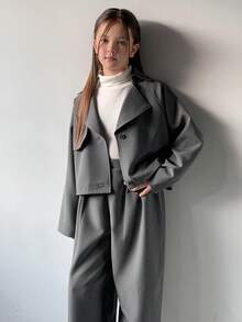 DAZY 女童休闲长款外套和裤子套装，秋季商务装 - 灰色 - 查看 1