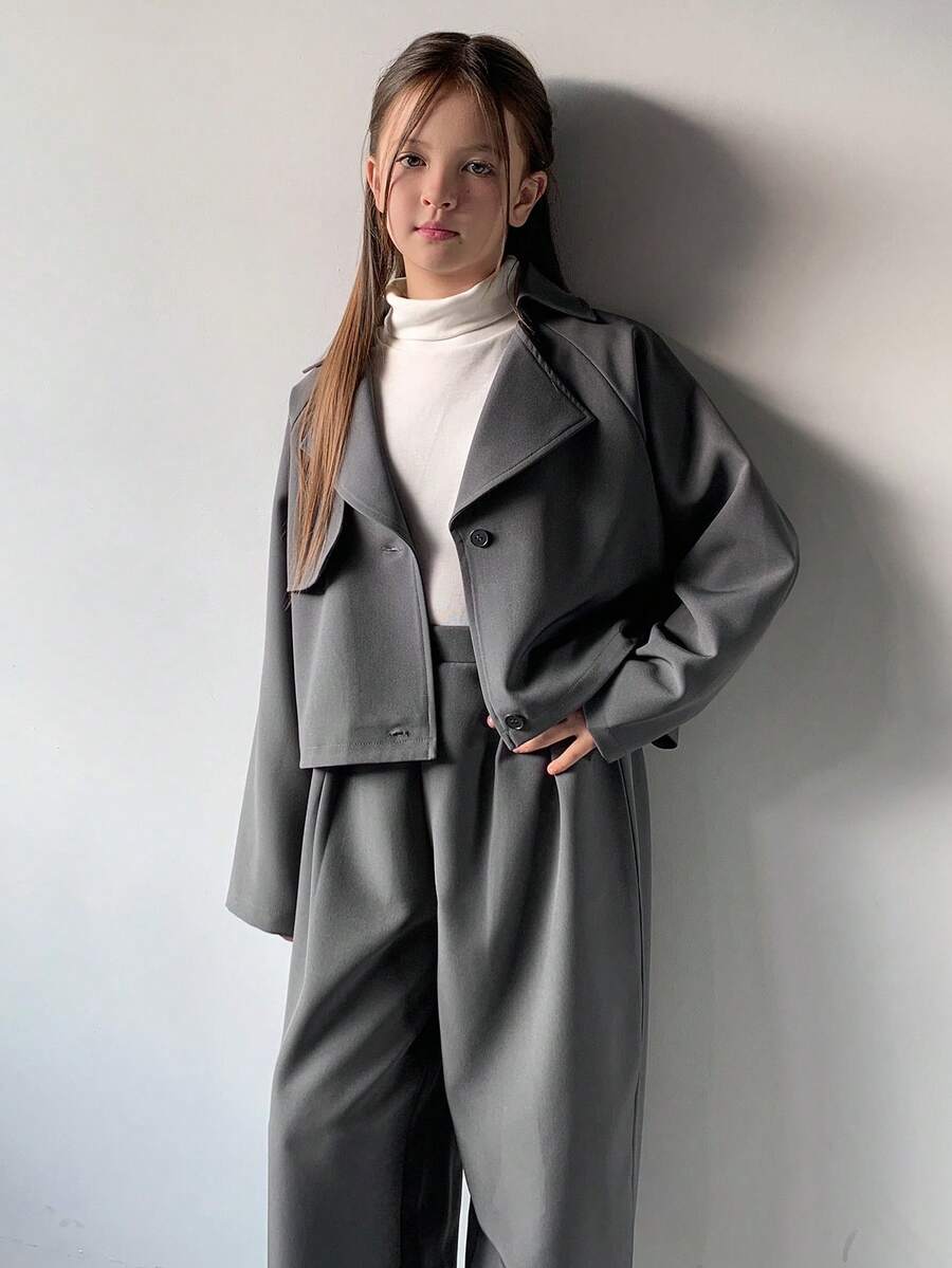 DAZY 女童休闲长款外套和裤子套装，秋季商务装 - 灰色 - 查看 1