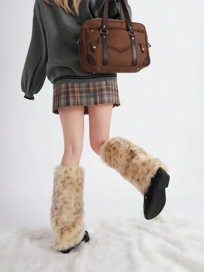 Fairycore 1 Pair Y2K Chic Leopard Print Fluffy Leg Warmers, Brown, Fashion Minimalist Wild Style Leg Cuffs, Suitable For Commuting, School, Shopping, Party, Halloween, Christmas And Other Occasions