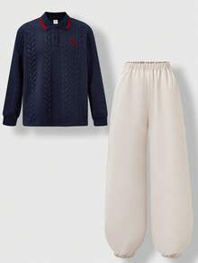 SHEIN Explorewe 2pcs/Set Kids Boys Knitted Long Sleeve Collared Sweatshirt And Casual Pants Set, Autumn/Winter New Arrival - Navy Blue - View 3