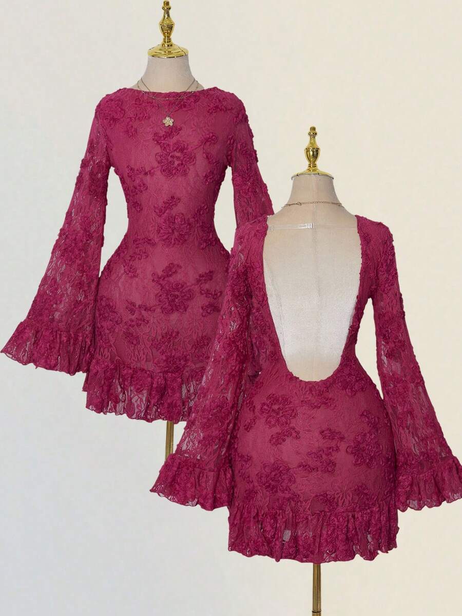 SHEIN ICON Women's Elegant Backless Lace Patchwork Flare Sleeve Ruffle Hem Mini Dress, Solid Cream Color - Hot Pink - View 1