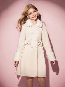 Fall Winter Vintage Tween Girls Casual Elegant Basic Coat With Fur Collar, Bow Decor, A-Line, Autumn/Winter Girls Dress Coat Girls Winter Coat Tween Dress Coat Girls Overcoat Girls Coat