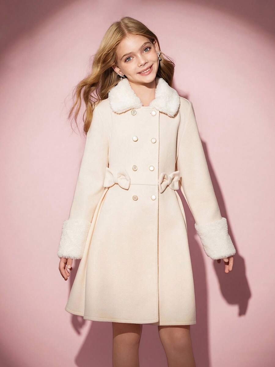 Fall Winter Vintage Tween Girls Casual Elegant Basic Coat With Fur Collar, Bow Decor, A-Line, Autumn/Winter Girls Dress Coat Girls Winter Coat Tween Dress Coat Girls Overcoat Girls Coat